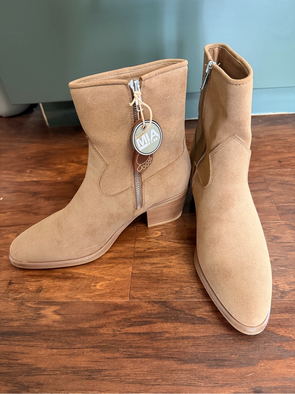 Buckle Tan Suede Ankle Boots with Side Zip